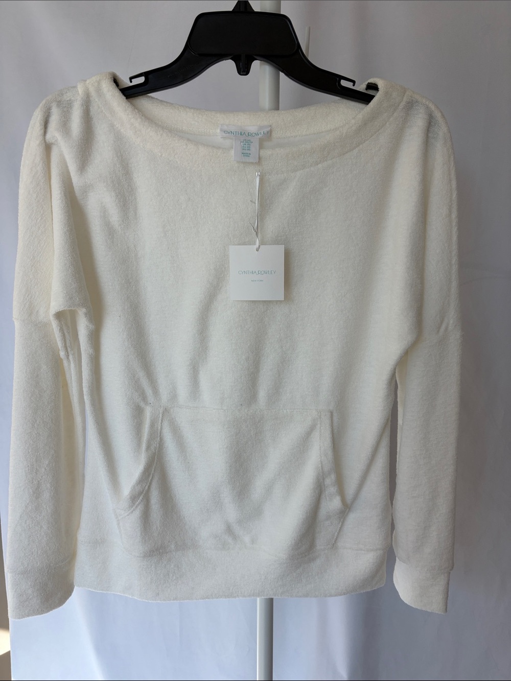 Cynthia Rowley White Boatneck Terry Cloth Pullover with Front Pocket